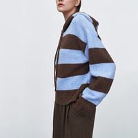GUOOU New Series Blue Brown Striped Hooded Knit Pullover Women's Wool Long Sleeve Cropped Top