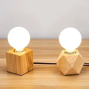 Lampu meja kayu LED persegi desain sederhana, lampu meja Vintage soket kayu dudukan lampu dengan saklar untuk dekorasi rumah