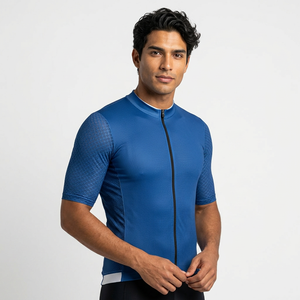 Maillot de cyclisme bleu à manches courtes pour homme avec fermeture éclair intégrale et empiècements en mesh, maillot de cyclisme sans manches en polyester pour femme avec empiècements avant/arrière - Product Image 1