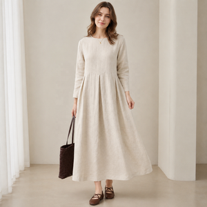 Gonna Casual da Donna Personalizzata in Lino con Colletto <span class=keywords><strong>Barto</strong></span>, Plissettata, Ecologica, Lavabile, Tinta in Tinta Unita, Vita Naturale - Product Image 3