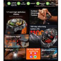 Montre connectée de sport d'extérieur ERON HT45 pour hommes, 1100 mAh, longue durée de vie, étanche IP68, avec lampe de poche, tracker d'activité
