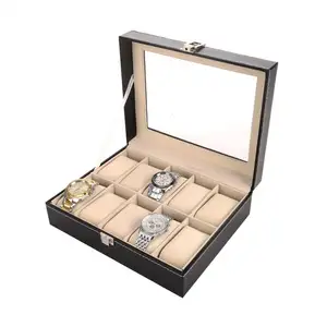 10 сетчатая черная полиуретановая деревянная коробка для наручных часов, коробка для хранения ювелирных изделий, органайзер со стеклянным окном, 10 шт./ctn, оптовая продажа