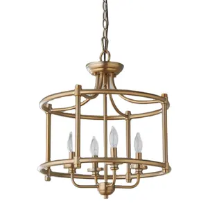 Farmhouse Brass Golden Chandelier 4 - Light Lantern Cylinder Industrial Vintage Pendant Light Kitchen Living Room Decor