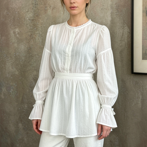 <b>White</b> Long Sleeve Ruffle <b>Top</b> With Belted Waist And Puff Sleeves For Women Casual Woven Cotton Shirt Blouse - Product Image 3