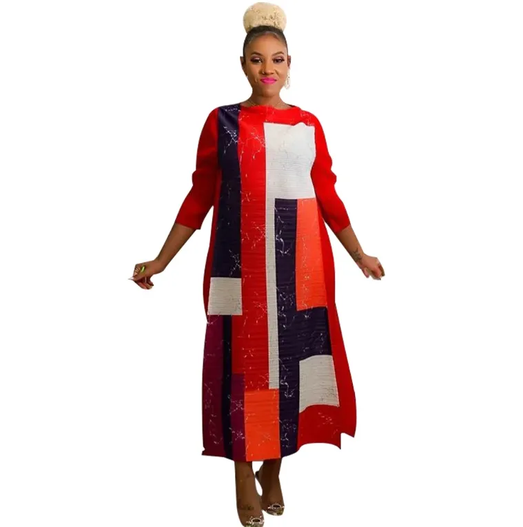 Amazon's European and American Fashion Women's Issey Miyake popular cuello redondo estampado plisado vestido de gran tamaño 2024 nuevo producto