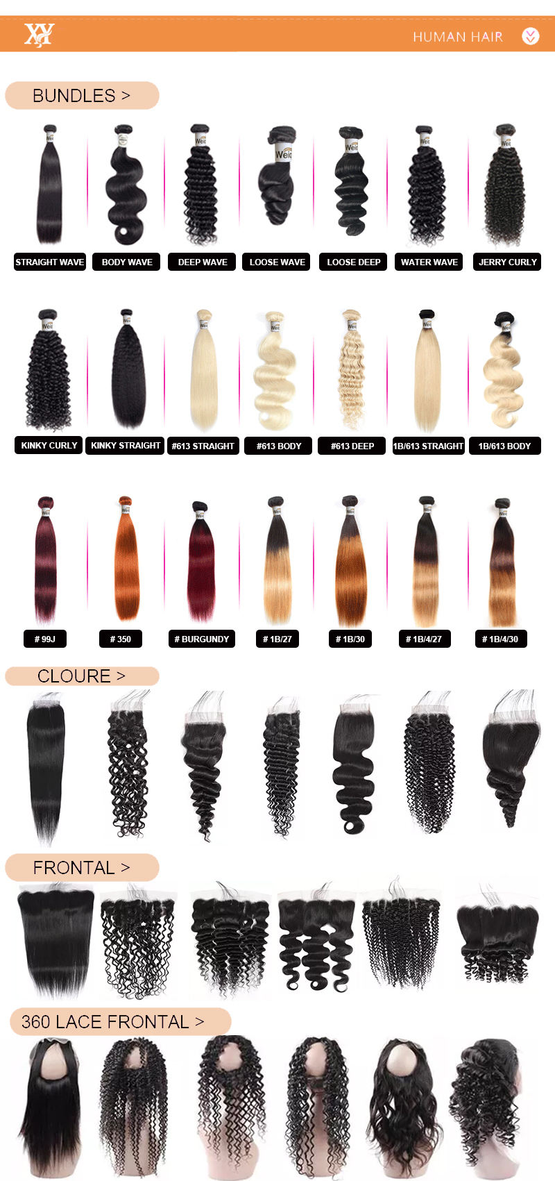 Todos los paquetes y pelucas de cabello humano tipo