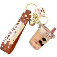Porte-clés en caoutchouc souple mignon en gros, avec anneau flottant à l'huile, petit ours, bulle Boba, sable mouvant, tasse de thé au lait, liquide