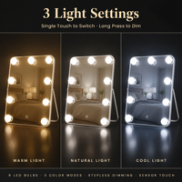 Miroir de maquillage de table blanc avec éclairage, 28 cm, rotation à 360°, miroir lumineux avec 3 modes de couleur, variateur d'intensité tactile