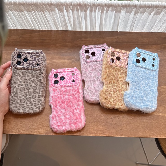 Leopard-Print Plush Cat-Ear Camera Frame Luxury-Style PC Protective Phone Case for iPhone 13 14 15 16 17 18 Pro Max