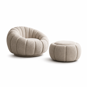 Fauteuil Boucle Moderne en Forme de Citrouille avec Pouf Assorti, Chaise Pivotante d'Appoint pour Salon de Luxe et Hall d'Hôtel - Product Image 3