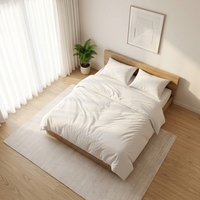 Ensemble de chambre d'hôtel moderne avec tête de lit capitonnée, lit king size, banc de fenêtre en bois clair et ensemble de salon, qualité commerciale pour appartement