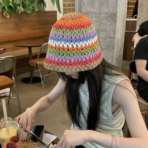 Color Woven <b>Bucket</b> Straw <b>Hat</b> Female Summer Show Face Small <b>Big</b> <b>Head</b> Round Hollow Fisherman <b>Hat</b> Breathable Basin <b>Hat</b> - Product Image 1