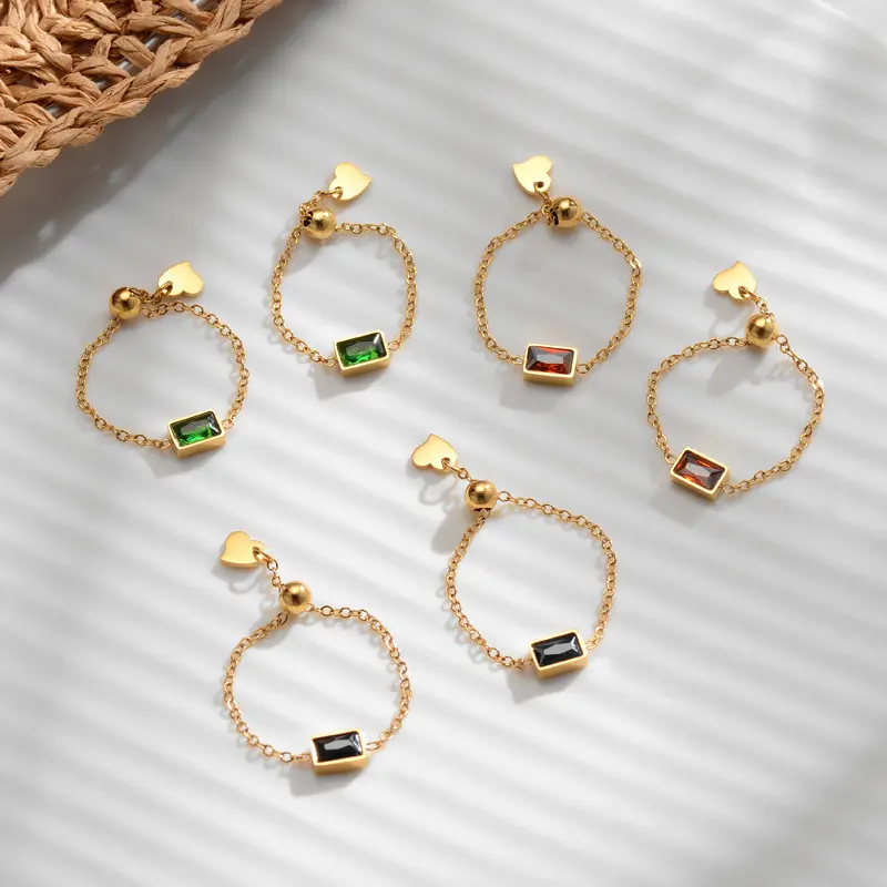 Bán Buôn 14K Vàng Mạ Đồ Trang Sức Thép Không Gỉ Thanh Lịch Màu Xanh Lá Cây Màu Đỏ Đen Zircon Kim Cương Có Thể Điều Chỉnh Liên Kết Chuỗi Nhẫn Yf2246