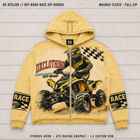 Sweat-shirt à capuche entièrement zippé jaune délavé personnalisé 360 g/m² avec capuche cloutée, motif course ATV, ourlet et poignets effilochés, style streetwear OEM ODM