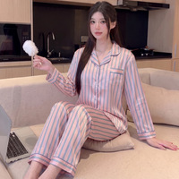 Pakaian Tidur Wanita Motif Garis Pink Bahan Satin Lengan Panjang Set Baju Rumah Ukuran Asia M L XL 2XL