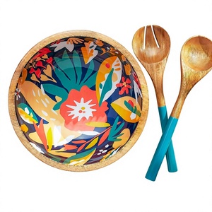 Bol à salade en bois de manguier poli fait main, imprimé tropical, design bohème, passe au lave-vaisselle, cuillères de service assorties pour le camping - Product Image 1