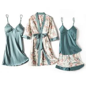 4 Piece Set Women's Chiffon Sleepwear Night Dresses Comfortable Silk Lace Robes Nightgowns