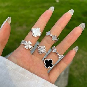 Hot Selling Zomer 925 Zilver Wit Parelmoer Bezel 5a Gekleurde Zirkoon 4 Vier Blad Klavertje Open Ringen Verstelbaar