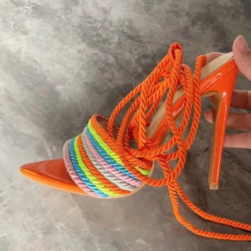 Corda trançada sandálias de salto alto laranja tornozelo envoltório dedo apontado saltos finos vestido de verão sapatos ocos multi cores partido sapatos