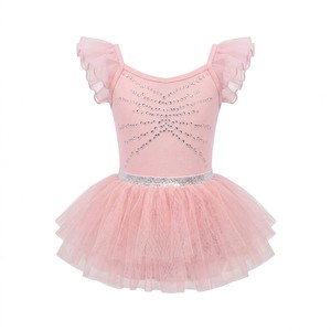 Robe tutu de ballet rose pour filles, justaucorps de danse à manches volantées, taille ornée de strass et de paillettes, tenue d'entraînement et de spectacle - Product Image 2