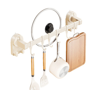 <b>Kitchen</b> Suction Cup Hanging Rod With <b>Hooks</b> Wall Mounted Pot Lid Spatula Storage Rack Punch Free No Drilling - Product Image 5