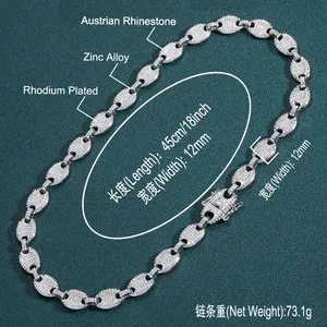 Hip Hop Diamond 12mm Pig Nose Necklace Iced Out Rhinestone Coffee Bean Chain Necklace Bracelet For Men Fashion Jewelry Set