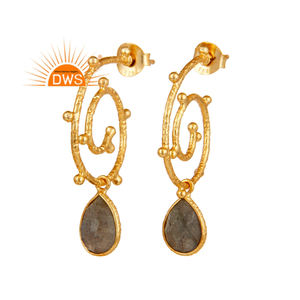 Pendientes de aro de labradorita llamativos, venta al por mayor, recién llegados, pendientes de plata chapados en oro de 18 quilates, joyería, Colección Vintage - Product Image 1