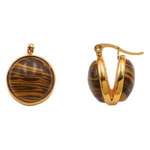 Vintage Natural Tiger Eye Stud Earrings Gold <b>Round</b> Bezel Setting Stainless Steel <b>Post</b> - Product Image 5