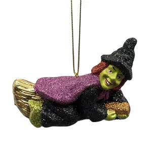 Customized Hot selling Halloween Decor products Resin crafts cheap Halloween Glitter Witch Figure statue Hanging Ornament