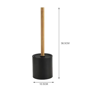 Brosse de toilette européenne ronde noire en silicone de luxe avec long manche en bambou