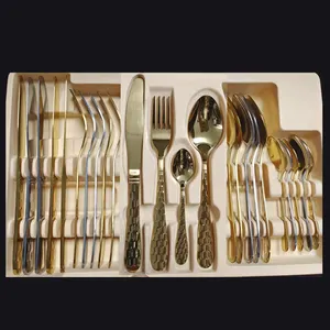 24 cái Flatware Set bán buôn sang trọng tùy chỉnh thép không gỉ Flatware nhà hàng đám cưới mạ vàng 24 cái thiết lập dao kéo