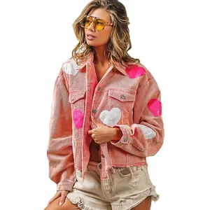 Channel 5 Colors Frayed Hem Valentine Day 2024 Cute Corduroy Sequin Heart Jackets For Women