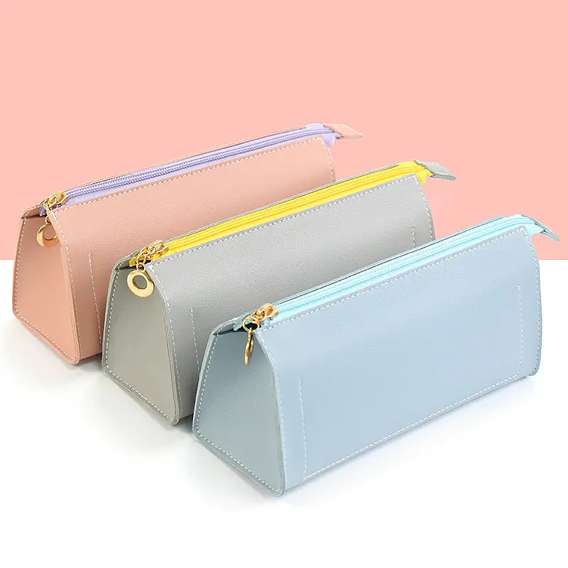 Simple solid color triangle large capacity pencil case creative leather multifunctional pencil pouch stationery pen case