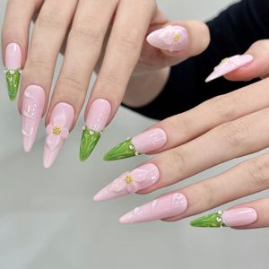 229New Fashion Handmade Floral Design Handmade Press on Nails Stéréo 3D sculpté à la main Fleurs <span class=keywords><strong>Faux</strong></span> ongles longs et pointus - Product Image 3