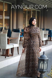 Abbigliamento etnico islamico preghiera elegante soffio maniche lunghe stampa leopardo Organza Chiffon abito Abaya musulmano Dubai <span class=keywords><strong>turchia</strong></span> Ramadan - Product Image 3