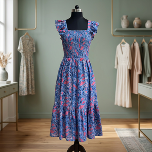 Robe longue vintage en coton indien, imprimée à la main, motif floral, col carré, longueur ras du sol, taille naturelle, tissée - Product Image 3
