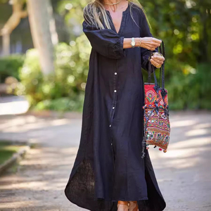 Robe chemise en lin et coton pour femme, manches longues, cardigan ouvert sur le devant, robe décontractée tendance automne-hiver - Product Image 1