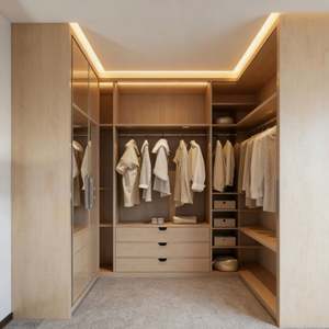 Armoire sur mesure moderne de style américain, autoportante, avec éclairage LED intégré, rangement multi-zones, intégrée au salon - Product Image 3