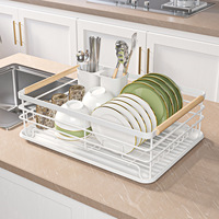 Rak piring dapur multifungsi, lemari dapur kapasitas besar multifungsi, Laci, pegangan kayu, penyimpanan, Pengering piring