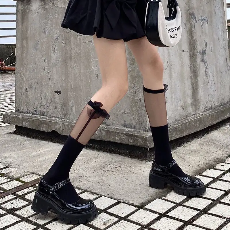 Sheer Lolita White Black Lace Ruffle Mid Calf Socks Lovely Girls Lolita JK Uniforms Lolita Cosplay Socks With Bowknot