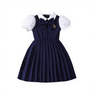 Robe d'été unie à fleurs en coton/polyester pour filles, style anglais, manches courtes, uniforme scolaire une pièce pour l'école primaire - Product Image 3