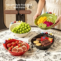 Ensemble créatif d'assiettes à fruits en plastique pour la maison avec fourchettes intégrées, saladier, bol à collation pour salon et table à manger, avec fourchettes, qualité alimentaire
