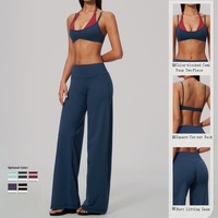 Ensemble de yoga 5 pièces pour femme, haut court dos nu effet deux pièces, pantalon évasé taille haute, dos ajouré, pour la gym et le fitness, vente en gros OEM