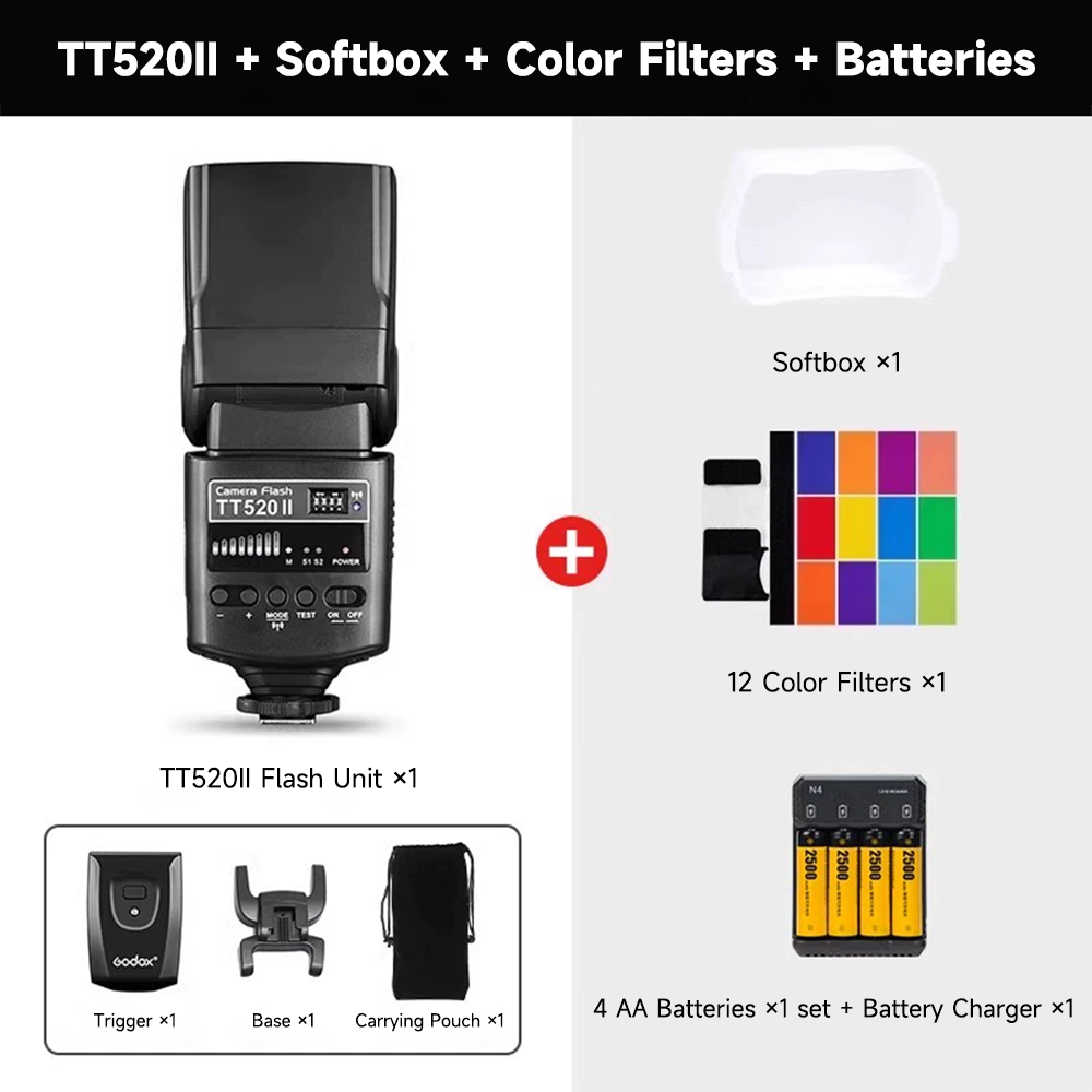 TT520II + jeu de piles AAAA + boîte à lumière douce + 12 filtres de couleur
