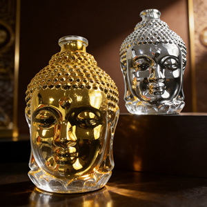Bouteille en verre personnalisée de 500 ml et 750 ml, design unique doré, forme Bouddha fantaisie, qualité alimentaire, pour <span class=keywords><strong>whisky</strong></span>, rhum, mezcal – Vente chaude - Product Image 1
