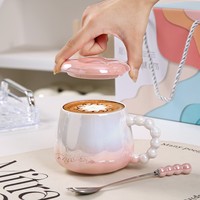 Tasse en Céramique Tendance Effet Nacre avec Couvercle et Cuillère – Tasse en Céramique Haute Qualité Résistante à la Chaleur pour Femmes et Couples
