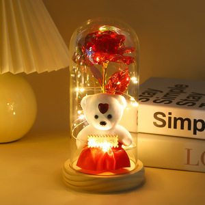 Rose Galattiche Simulate 24k <span class=keywords><strong>con</strong></span> Orsacchiotto di Peluche, Fiore Eterno Sotto Cupola di Vetro, Regalo di Compleanno Creativo, Luce Notturna da Tavolo - Product Image 2