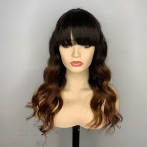 High Quality Wholesale Factory Machine Made Human Hair Long Wigs with Bangs Ombre Brown Hair For Women Two Tone Wig Loose Wave