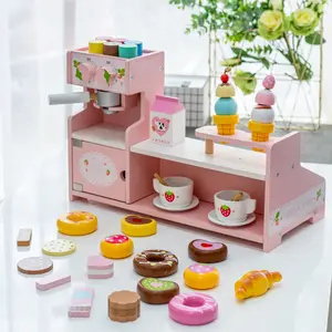 Rosa legno coffee shop play set giocattoli macchina da caffè in legno set da tè per bambini giocattolo dolci biscotti fingere il gioco