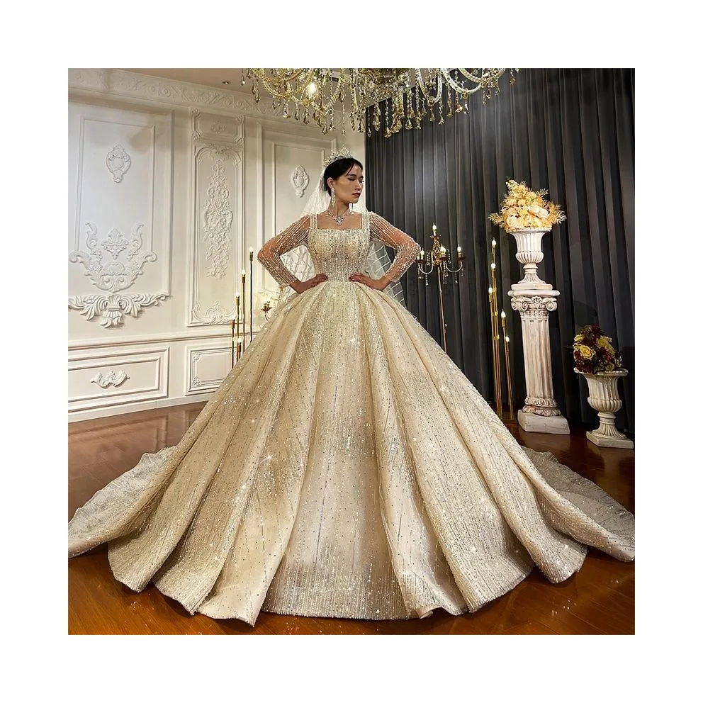 Fully Sequins Shiny Square Collar Women Wedding Lace Tulle Fabric Ball Gown Wedding Dresses